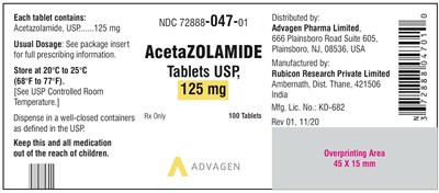acetazolamide tab-usp-125mg-100s-label.jpg AcetaZOLAMIDE Tablets USP, 125 mg - NDC 72888-047-01 - 100 Tablets Bottle Label - acetazolamide tab usp 125mg 100s label